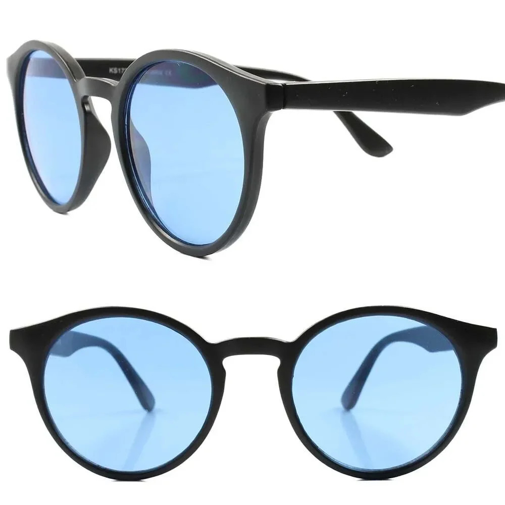 Classic Retro Old Fashioned Hippy Mens Womens Black Blue Lens Round Sunglasses